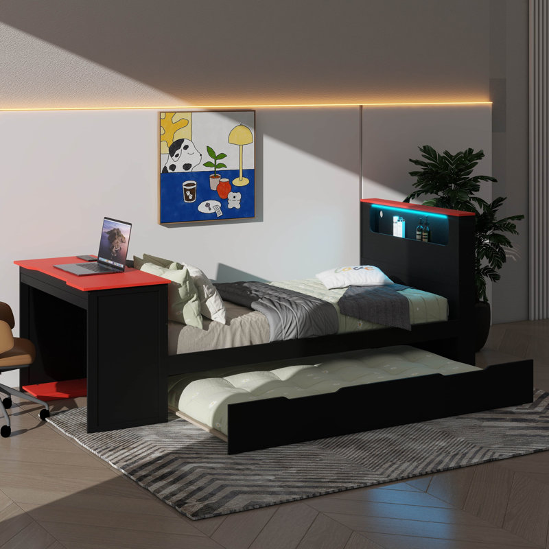 Wood Daybed Comes With Twin Size Pull-Out Bed, Desk, LED Illumination And USB Port, Twin, Black/Red