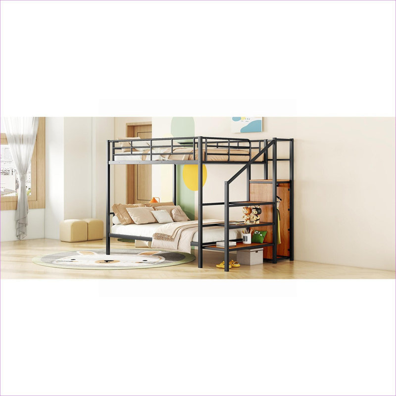 Structure de lit superposé en fer pour enfants ou chambre d'amis avec échelle latérale et garde-robe intégrée, noir mat
