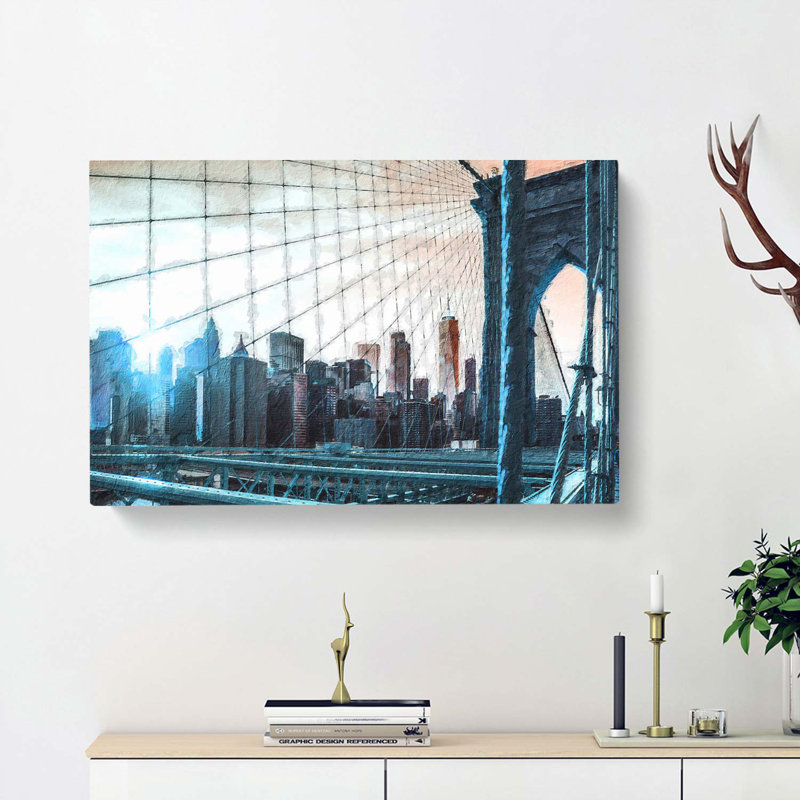 Brooklyn Bridge & New York Skyline - Wrapped Canvas Painting, 40cm H x 60cm W x 3cm D
