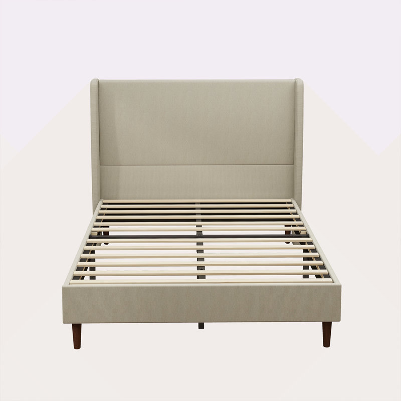 High Headboard Upholstered Bed, Bed Frame, 12-Slat Support, Easy To Assemble, Beige, Linen Cloth, No Box Spring Needed, Queen