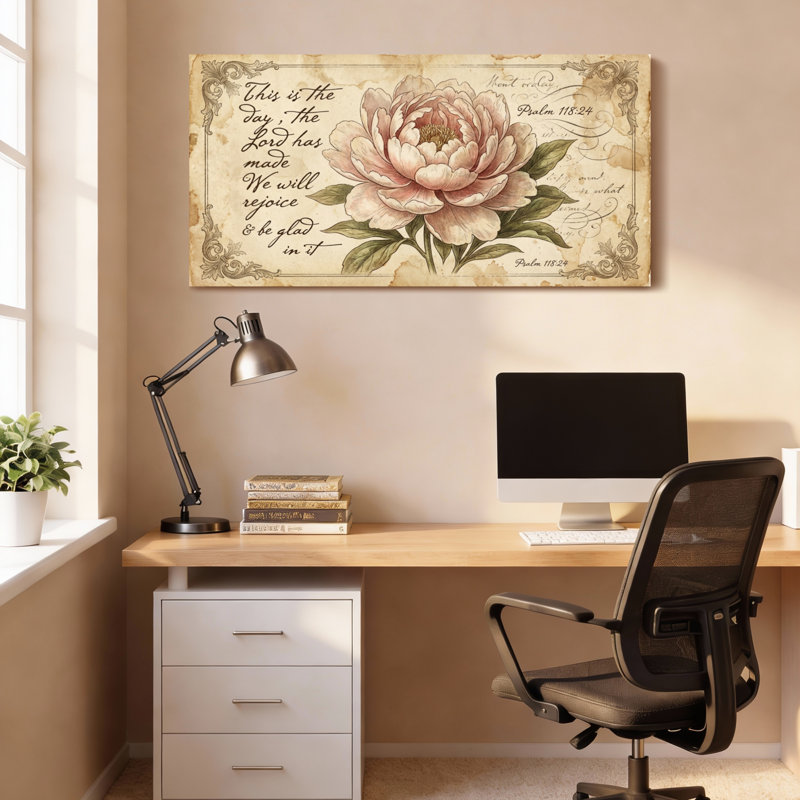Ensemble de 1 tableau sur toile tendue, motif floral vintage pivoine et verset biblique, H 20 po x l 40 po