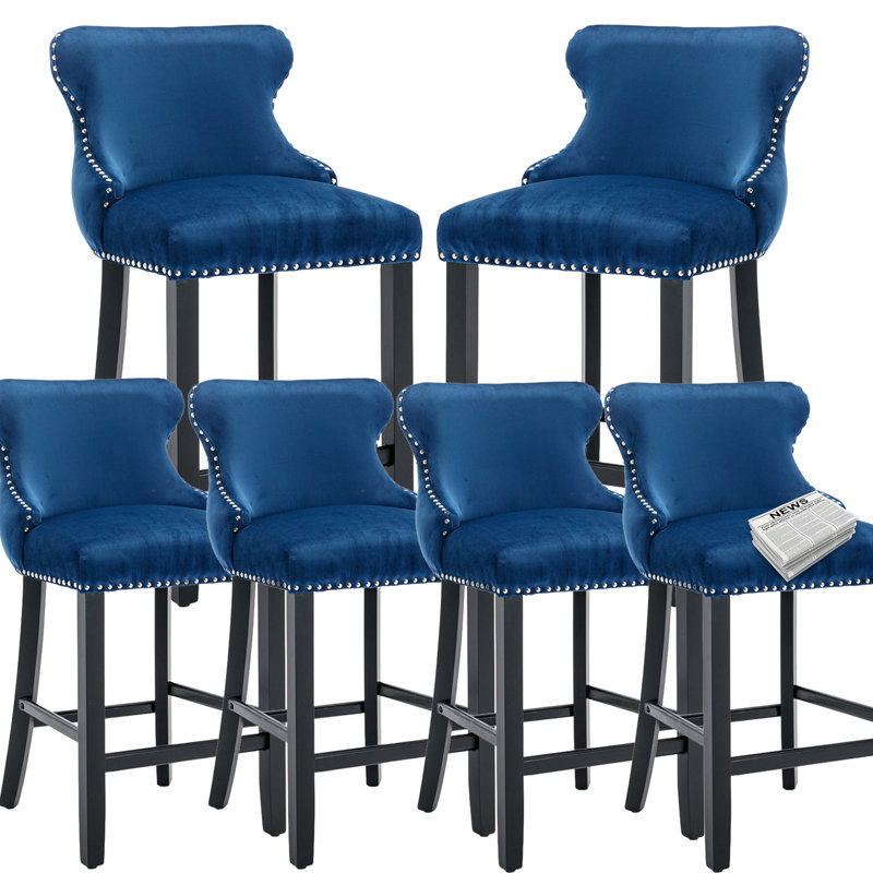 Tabourets de bar en velours de cuisine en bois massif (ensemble de 6), Bleu