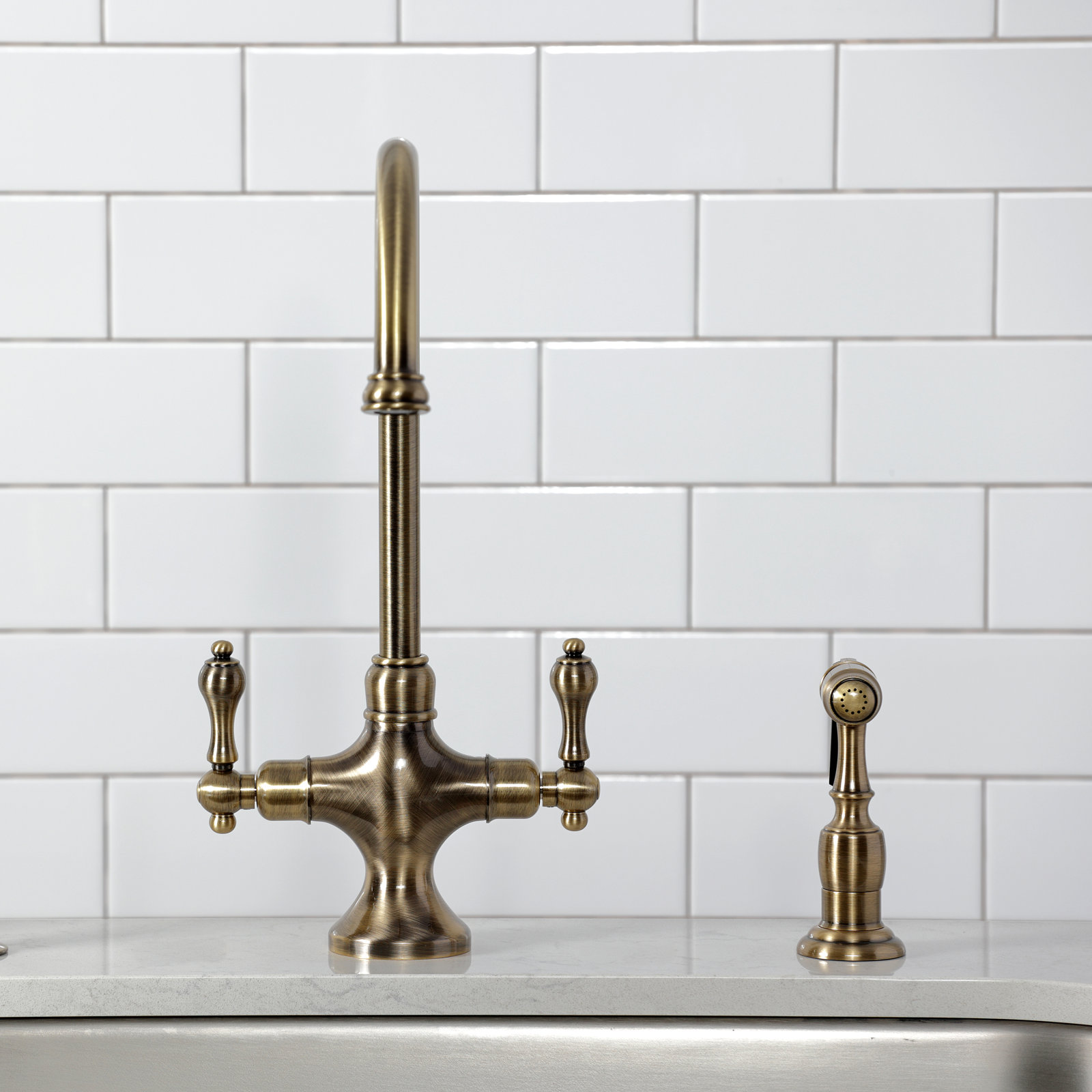 Double Handle Kitchen Faucet with Side Spray, Antique Brass