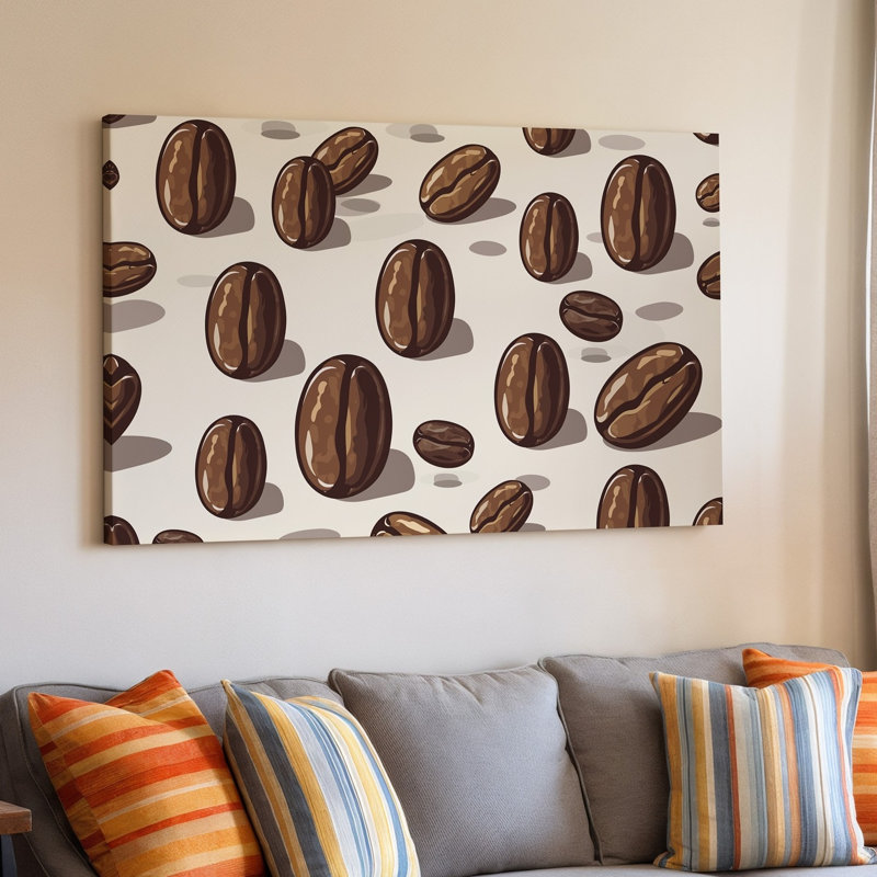 La toile crée un motif sans couture mettant en vedette un tableau de grains de café, dans des tons de brun variés, y compris l'art mural sur toile chocolat foncé