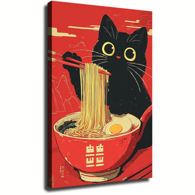 Chat noir mignon mangeant des ramen - Impression sur toile grand format, style rétro oriental, idéale pour le salon ou la chambre.