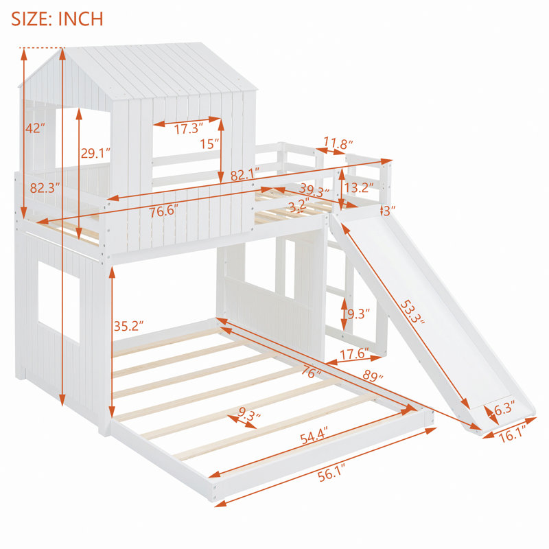 Lit en bois, lit mezzanine avec échelle, glissade et garde-corps, Blanc
