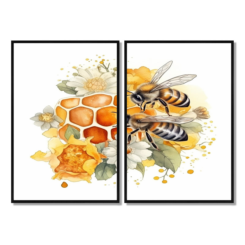 Floral Bee IV - 2 panneaux décoratifs animaux, Black, 36" H x 48" W, Impression encadrée flottante