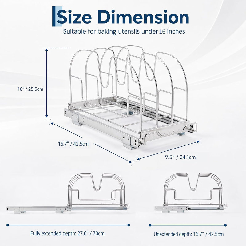 16" Pull Out Cabinet Organizer, with Adjustable Dividers, Sliding Storage Rack, 16 inches