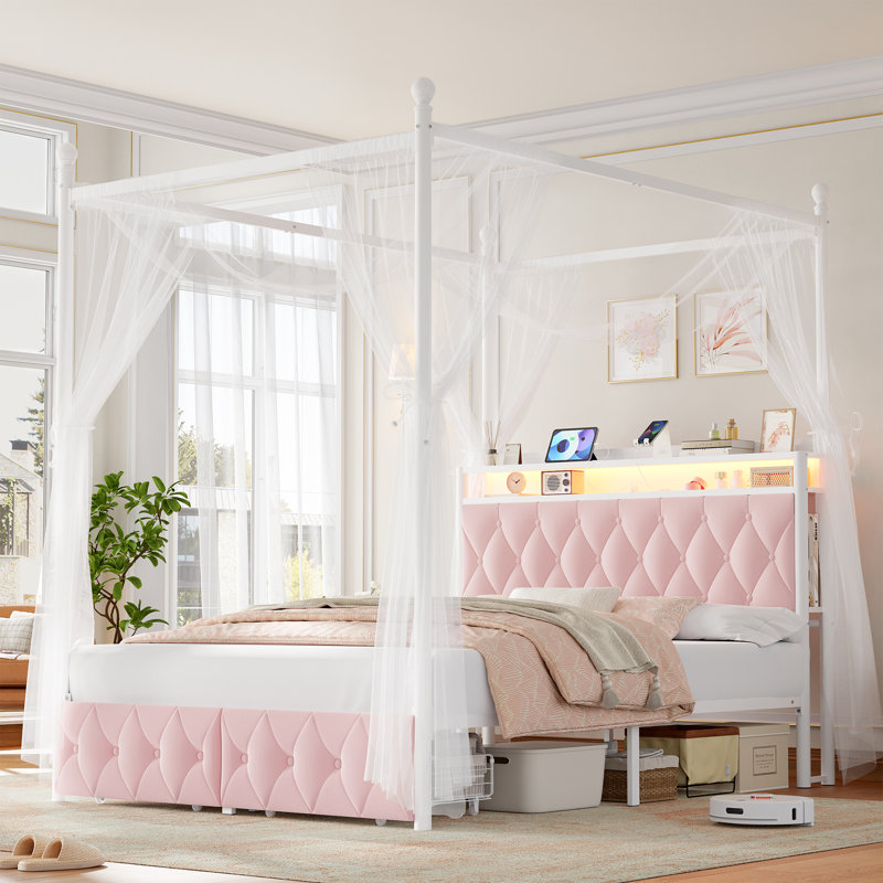 LED Canopy Bed Frame With USB Charging Ports, Modern Storage Bed, Metal Bed Frame With 2-Tier Shelves, Hidden Storage, Convertible Canopy To Platform Bed Frame