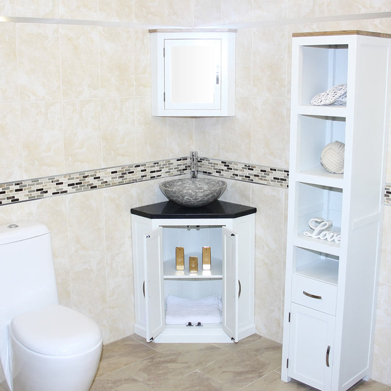 Andrin 550mm Single Bathroom Vanity with Vessel Stone Basin, Black Quartz, White