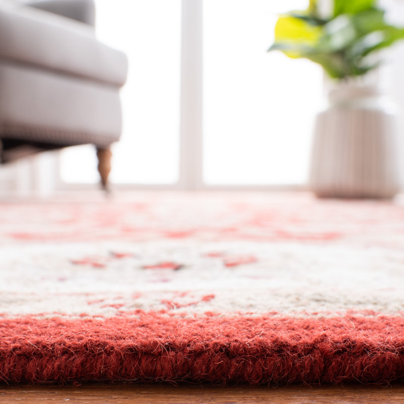 Tapis bourgogne / ivoire en laine crocheté fabriqué à la main à motif oriental Hollander, Rond 5 pi 6 po