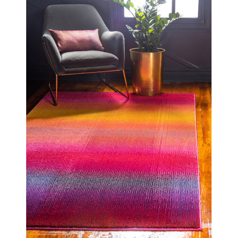 Tapis rayé rose / orange / jaune Eddins, Rectangle 9 pi x 12 pi 2 po