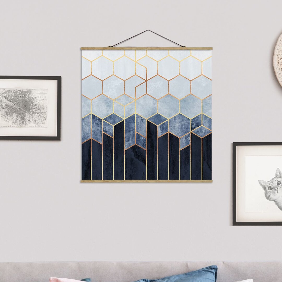 Grafikdruck Golden Hexagons Blue White von Elisabeth Fredriksson