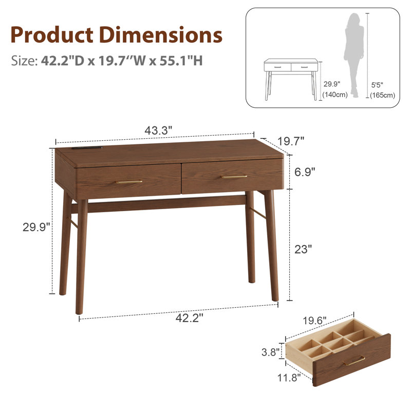 Solid Wood Desk with 2 Drawers and Power Outlet