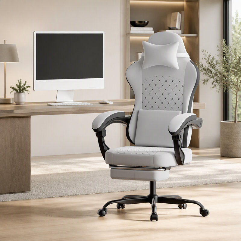 Fauteuil de jeu ergonomique pour PC avec massage, repose-pieds et soutien lombaire pour un confort et une posture améliorés, dossier haut, coloris BLANC/NOIR