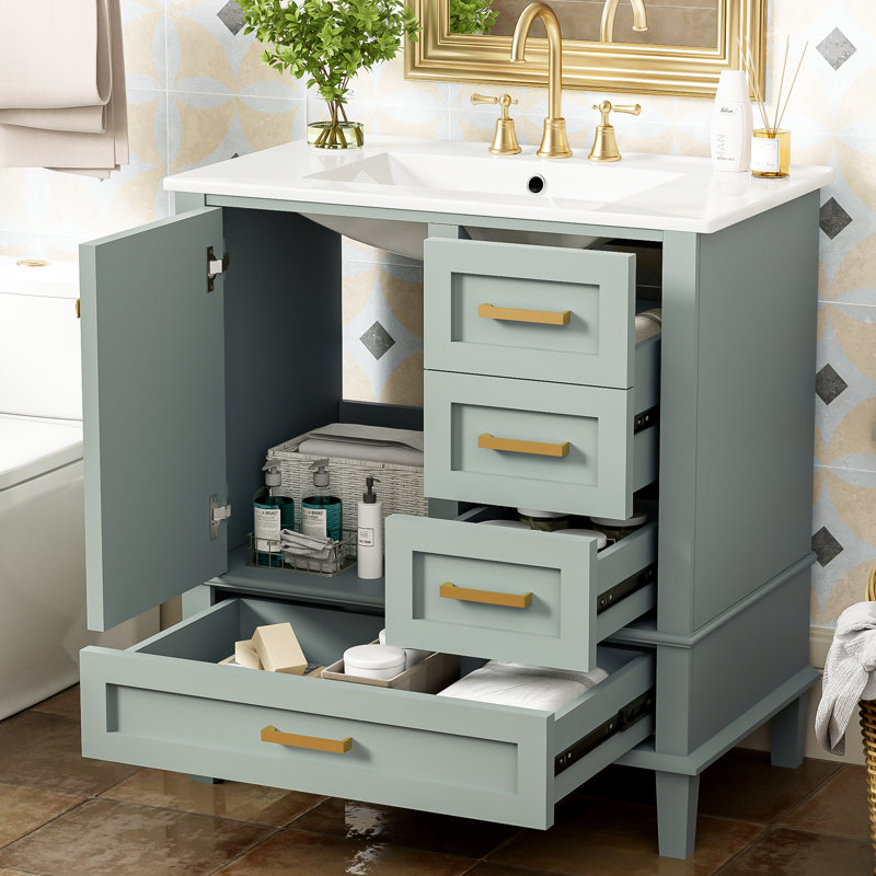 Meuble-lavabo moderne de 30 po avec cadre en bois massif, 3 tiroirs, porte à fermeture en douceur, lavabo en céramique pour un look rafraîchissant