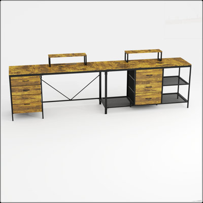 114 Inch L-Shaped Industrial Gaming Desk with Power Hub, 6 Drawers, and Removable Monitor Stand for Home Office