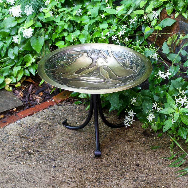 Antique Brass Three Hares Birdbath with Black Iron Stand