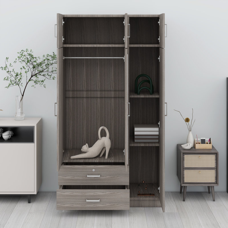 Armoire moderne à 3 portes avec portes miroir, tiroirs et armoire supérieure, Grey