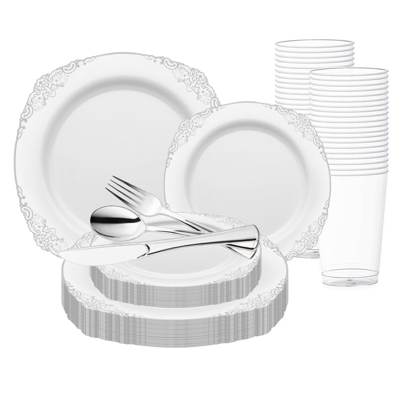 White with Silver Fancy Round Disposable Plastic Wedding Value Set - 120 Settings