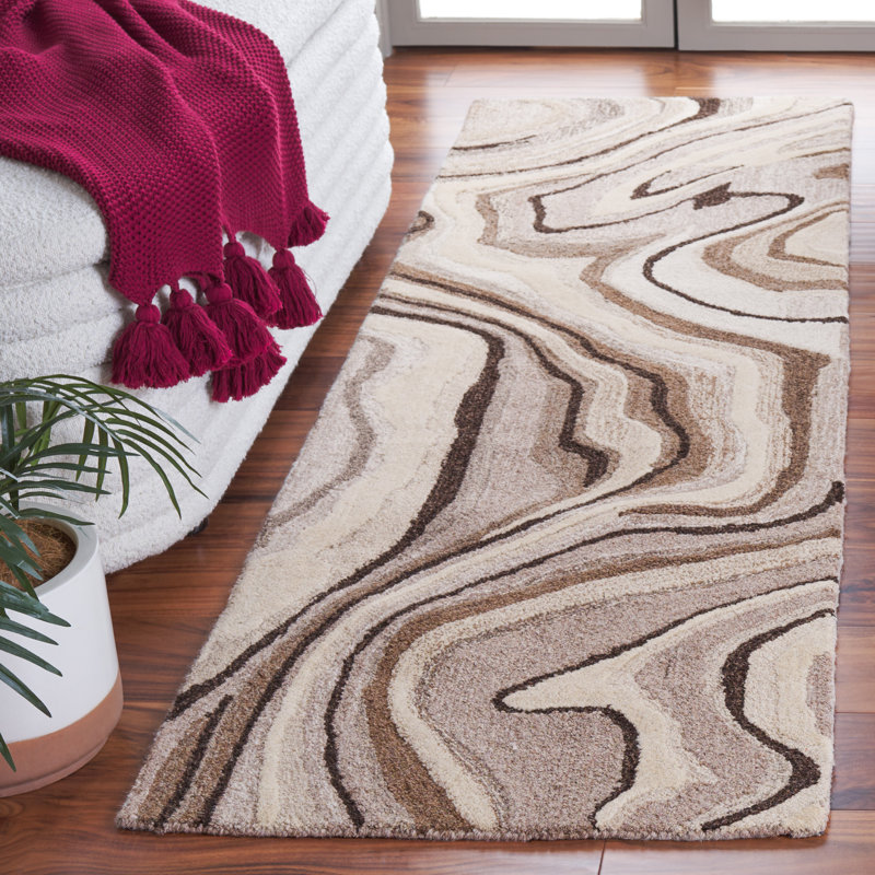 Jamario Hand Tufted Wool Cotton Abstract Rug in Brown/Ivory, Runner 2'3" x 8'