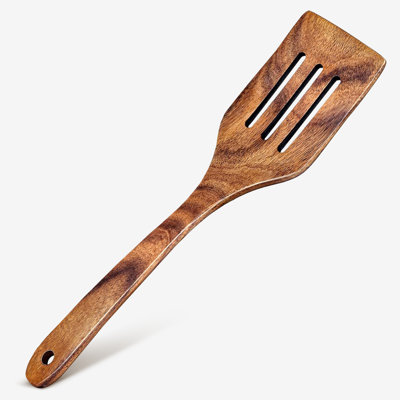 Cheer Collection Teak Wood Slotted Cooking Spatula with Drain Slots