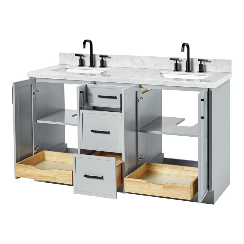 Ariel Kelly 61 Inch Double Rectangular Sink Bathroom Vanity With Italian Carrara Marble Countertop, Gray