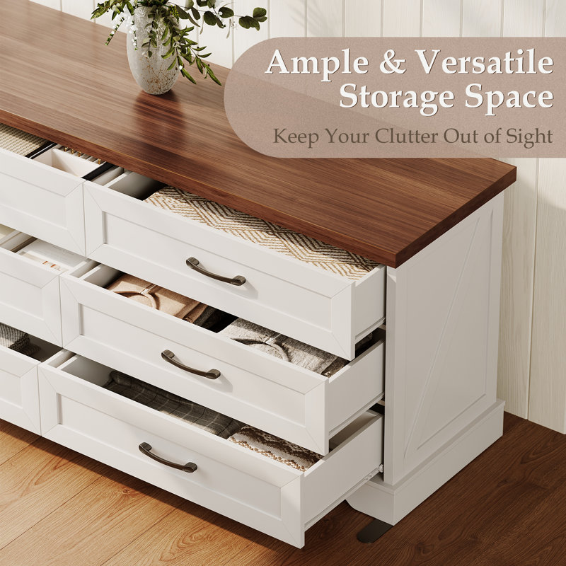 Commode horizontale RosaRio avec 6 tiroirs de rangement spacieux et une esthétique richement rustique, Brun / Blanc