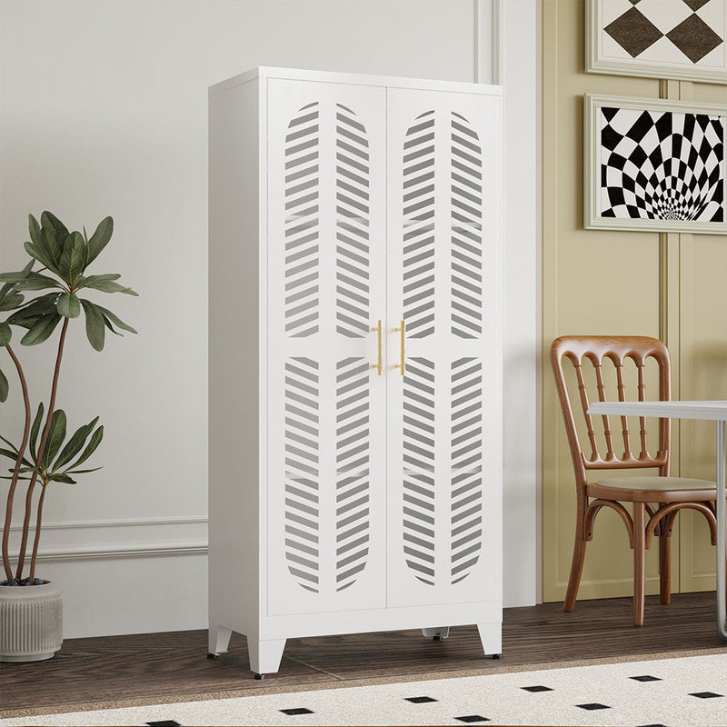 Ebern Designs White Modern Fishbone Kitchen Pantry Storage Cabinet with Adjustable Shelves