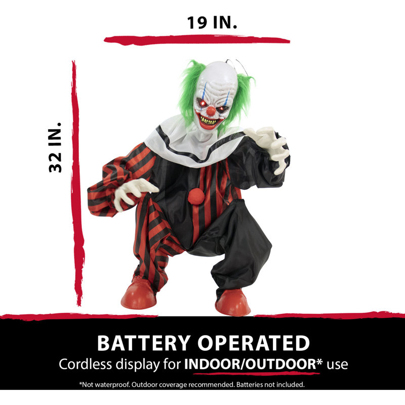 Haunted Hill Farm 2.67 ft Tall Life-Size Animatronic Crouching Clown with Lights and Sound, Indoor or Covered Outdoor Halloween Home Décor