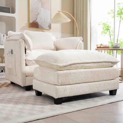 Boucle Fabric Club Chair Armchair with Ottoman