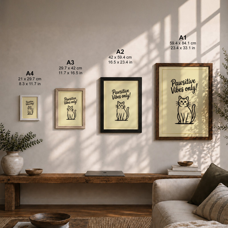 Pawsitive Vibes Only Typography - Framed Print, A4 - 29.7 x 21.0 cm, Oak