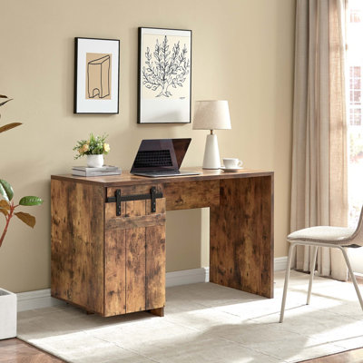 Home Office Desk One Cabinet Three Shelves Faux Barn Door On Metal Euro Hinges Modesty Panel