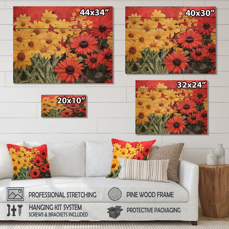 «Vibrant Garden of Daisies» - Art mural en bois de marguerite sur bois de pin naturel, H 10 po x l 20 po x P 0,78 po