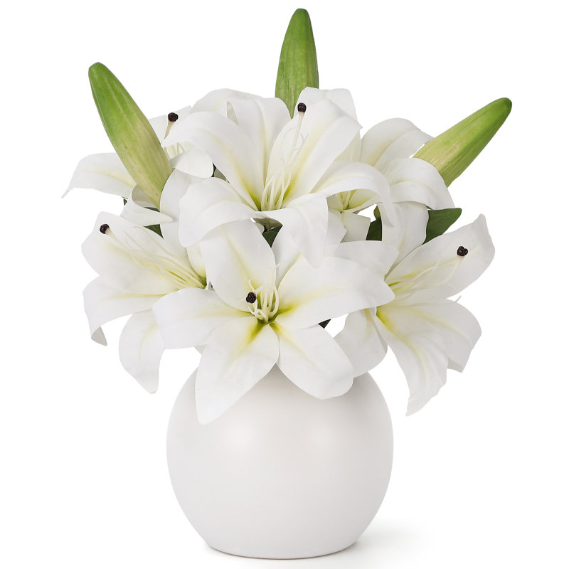 Artificial Tiger Lilies Flowers in Ceramic Vase, White