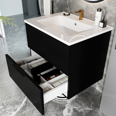 Meuble-lavabo mural 24 po avec lavabo en céramique et deux tiroirs 24 po Modern Black
