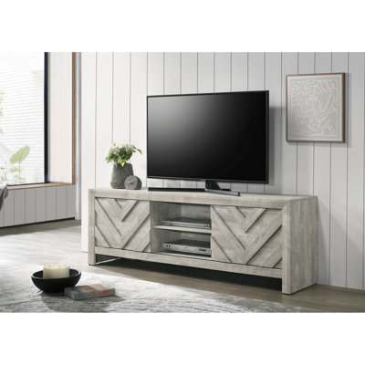 Meuble télé antique blanc avec bravoure et portes coulissantes, tablettes ouvertes et gestion des câbles, impression sur bois, gris transitionnel, profondeur 69,47 po, largeur 15,68 po, hauteur 22,93 po, poids et porte de 97,36 lb,