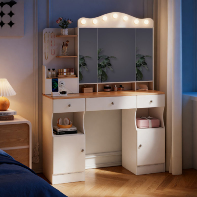 Bureau de meuble-lavabo avec miroir et lumières, meuble-lavabo de maquillage avec 2 barrettes d'alimentation USB, 3 tiroirs et 2 armoires, 7 lumières avec 3 options de couleur, miroir pliable à trois côtés