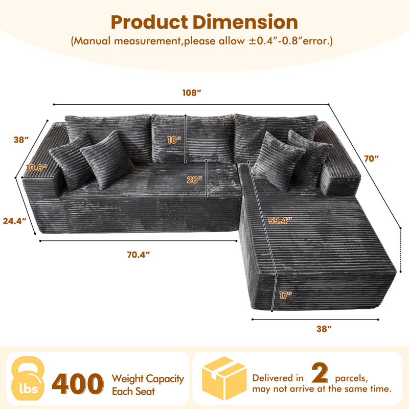 Aucun assemblage de canapé modulaire rembourré 2 pièces rembourré à compression, Gris