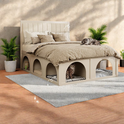 Lits Queen Size adaptés aux animaux de compagnie avec rangement, style moderne, en bois MDF rembourré, pour la maison