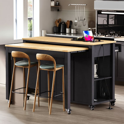 47-inch Kitchen Island (black): With Extendable Dining Table, Rubberwood Veneer, Includes Internal Storage Shelves, Electrical Outlets, 2 Drawers And