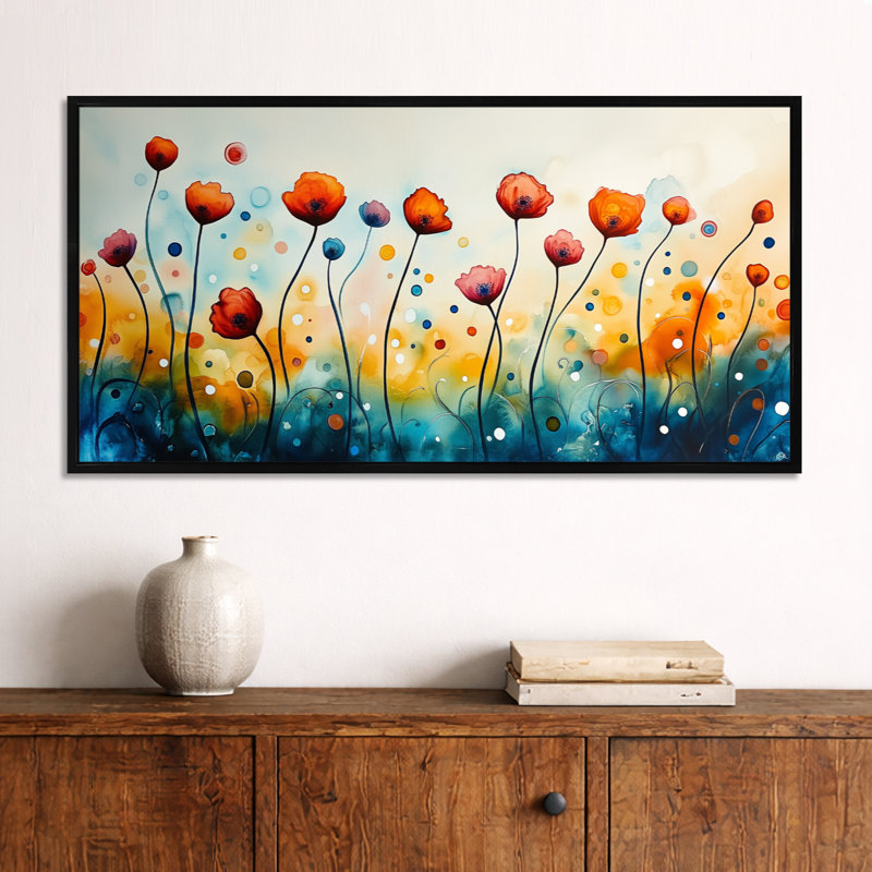 Orange orange Eli I - art mural encadré floral orange, impressions sur toile nature, H 20 po x l 40 po, Cadre flottant noir