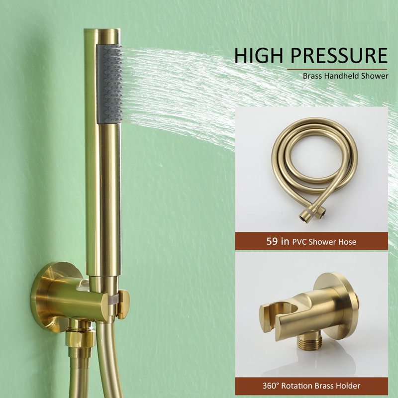 Calder Complete Shower System with Rough in-Valve, PVD Brush Gold