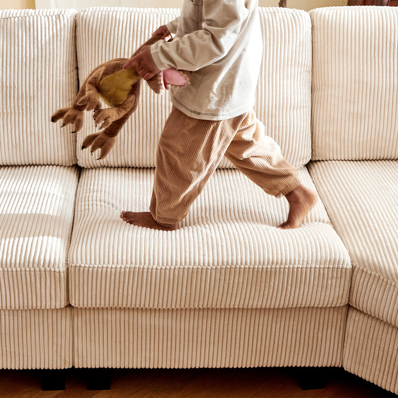 Canapé-lit modulaire en U avec espace de rangement Anureet, Velours côtelé beige, H 35 po x l 120,6 po x P 65 po, Non