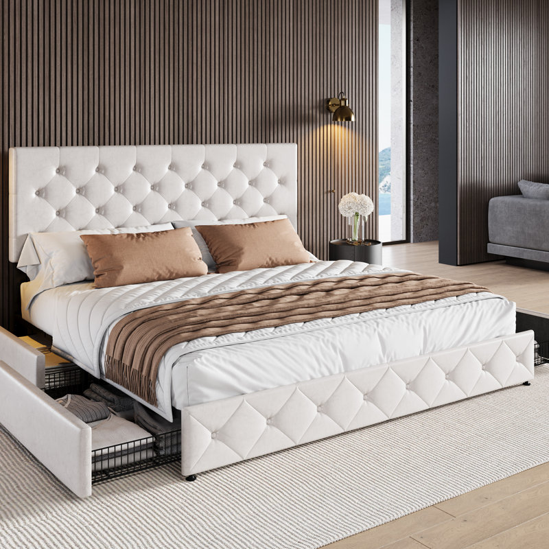 Zelna Upholstered Platform Storage Bed with 4 Drawers and Sleek Button Tufting, White, King