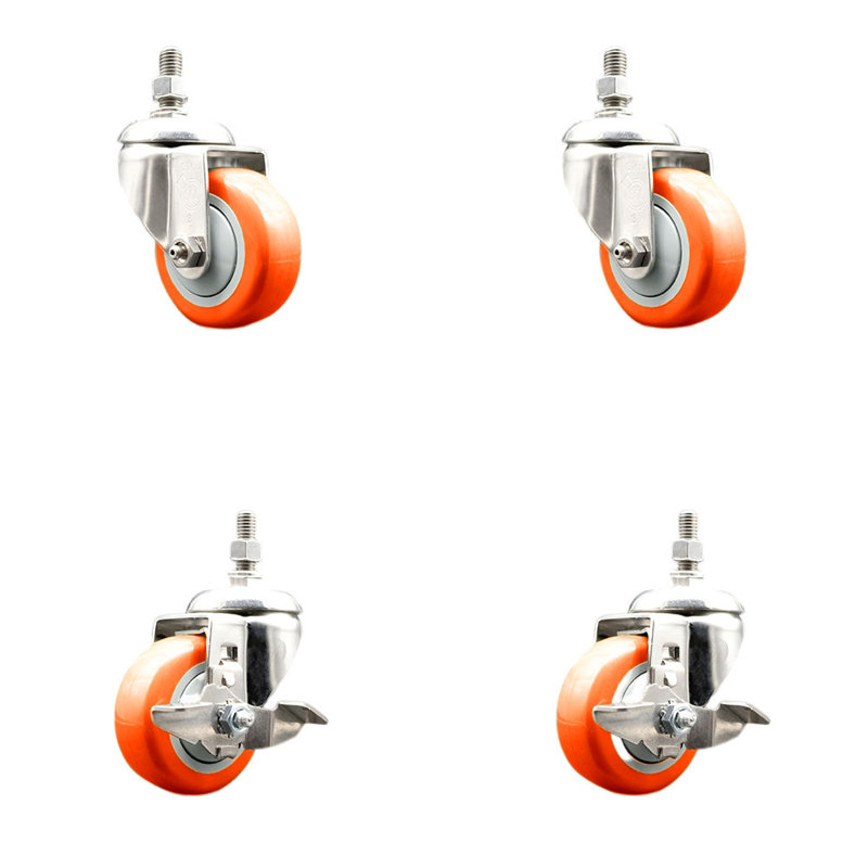 Ensemble de roulettes à tige filetée de 3 pouces en polyuréthane pivotant ½ pouce et 3 freins