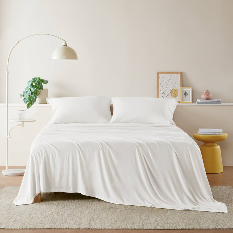  Ensemble de draps en tricot de coton toutes saisons, Blanc, Ensemble de draps pour très grand lit avec 2 taie