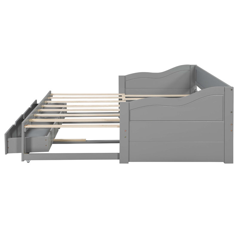 Wooden Daybed With Trundle Bed And Two Storage Drawers , Extendable Bed Daybed,Sofa Bed With Two Drawers, Gray