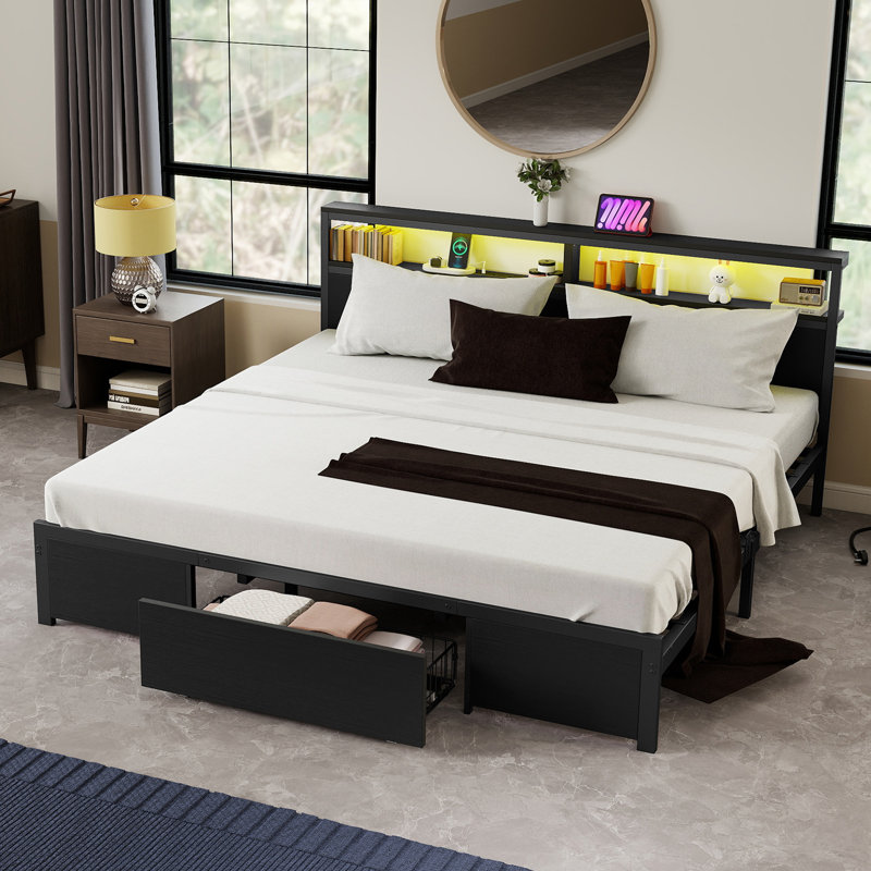 96cm Height Bed Frame with LED Headboard No Box Spring Needed, Super King (6'), Black