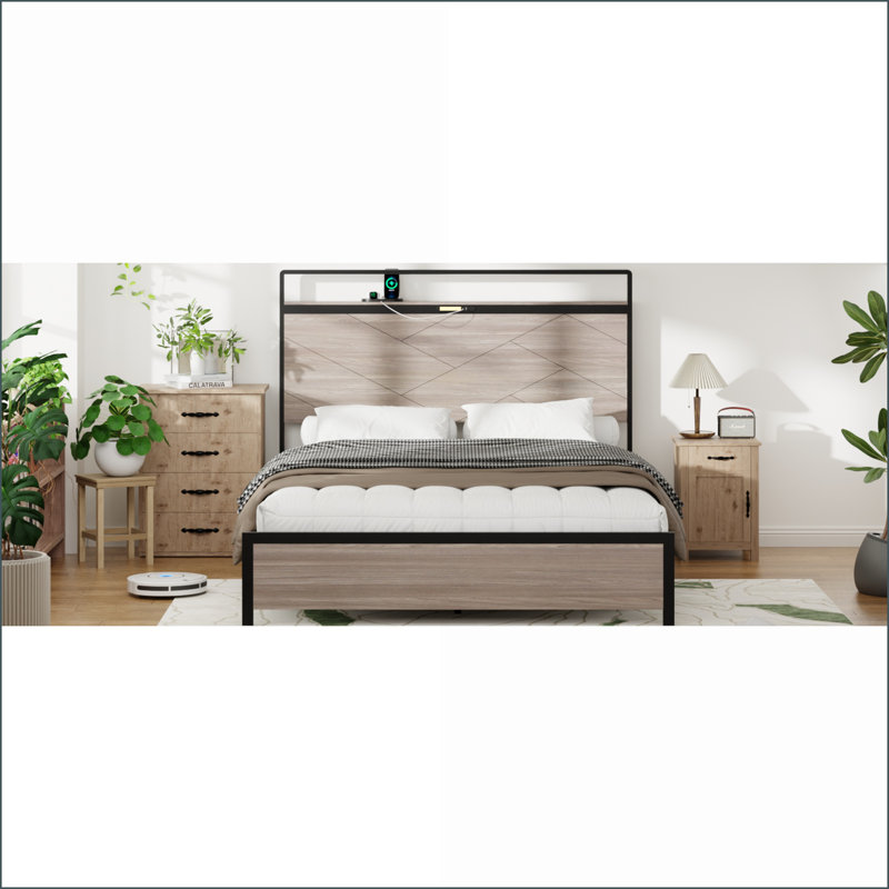 Structure de lit plateforme très grand en métal avec tête de lit à DEL, chargement USB / Type-C, aucun sommier requis, silencieux, grand rangement sous le lit, gris antique